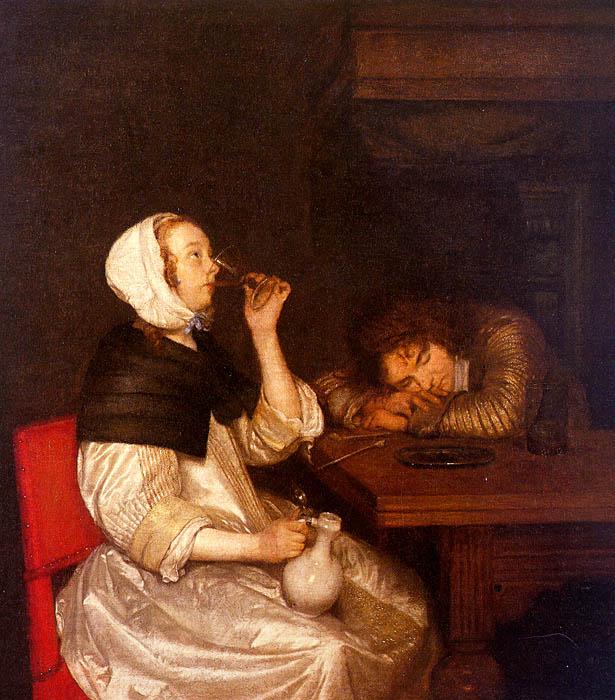 Gerard Ter Borch Woman Drinking with a Sleeping Soldier